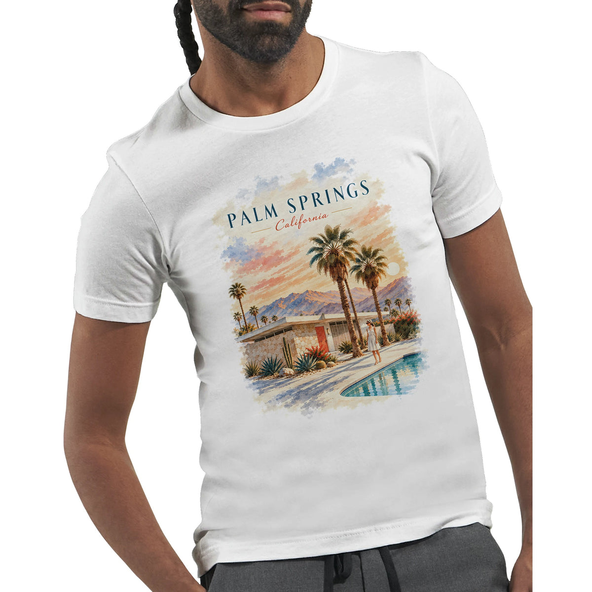 Kalifornien-T-Shirt mit Palm-Springs-Wüstenmotiv, Palmen und Pool. Das grafische Design verbindet Retro-Ästhetik mit Erinnerungen an die Westküste.