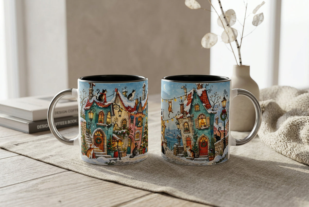 Keramiktasse mit 330 ml Fassungsvermögen und einer weihnachtlichen Katzenszene. Das Motiv zeigt ein behagliches Winterdorf mit Schneedecken auf den Dächern und festlicher Atmosphäre.