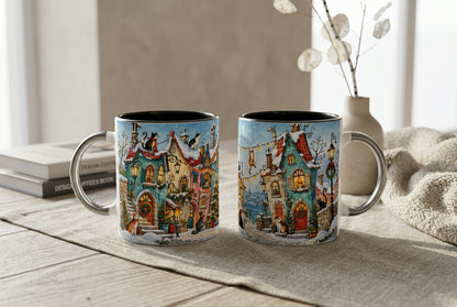 Keramiktasse mit 330 ml Fassungsvermögen und einer weihnachtlichen Katzenszene. Das Motiv zeigt ein behagliches Winterdorf mit Schneedecken auf den Dächern und festlicher Atmosphäre.