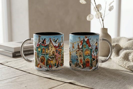 Keramiktasse mit 330 ml Fassungsvermögen und einer weihnachtlichen Katzenszene. Das Motiv zeigt ein behagliches Winterdorf mit Schneedecken auf den Dächern und festlicher Atmosphäre.