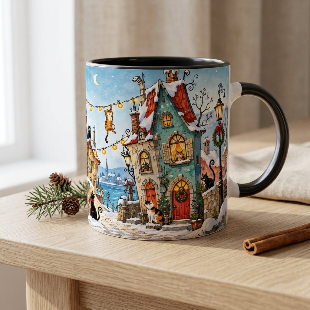 Weihnachtliche Keramiktasse mit einem verschneiten Winterdorf, neugierigen Katzen und einem festlich geschmückten Weihnachtsbaum. Das Katzenmotiv auf der weißen Tasse bringt gemütliche Adventsstimmung zum Ausdruck.