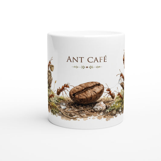 Detailaufnahme einer Aquarell-Tasse mit Ameisen, Pilzen, Flechten und Kaffeebohne.