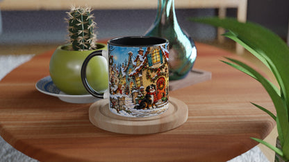 Keramiktasse mit 330 ml Fassungsvermögen und einer weihnachtlichen Illustration mit Hunden im Winterdorf. Eine originelle Geschenkidee für Menschen, die Hunde lieben.
