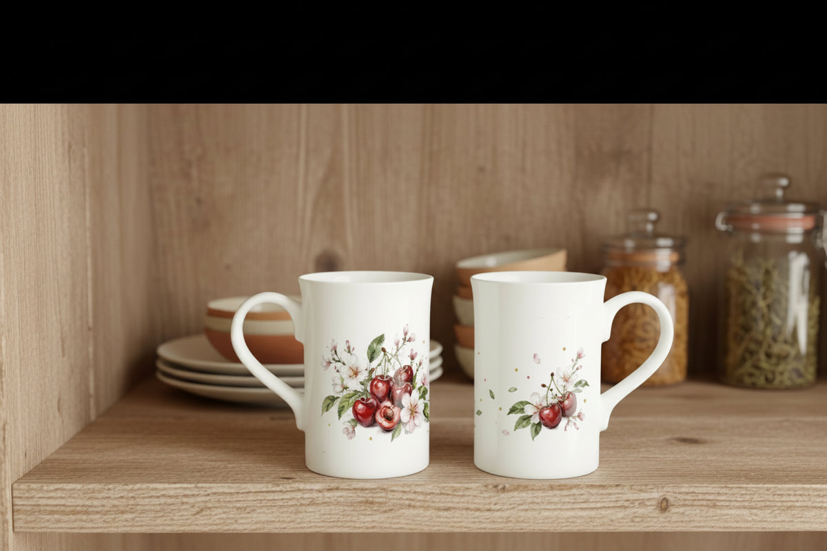 Weiße Tasse mit Kirschen und Kirschblüten in kräftigem Rot, sanftem Rosa und natürlichen Grüntönen