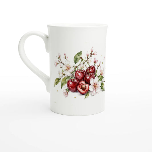Kirschen Tasse aus weißem Porzellan mit roten Kirschen und zarten Kirschblüten im Aquarellstil