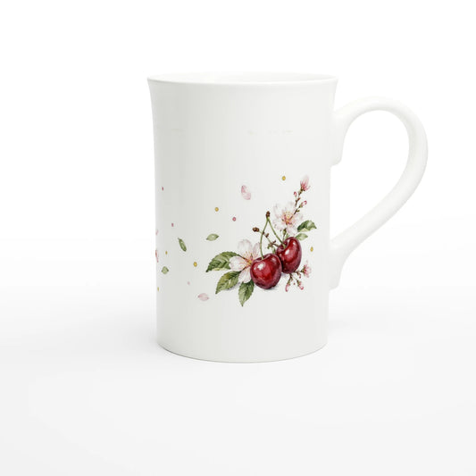 Kirschen Tasse 295 ml mit ganzen Früchten, geöffneter Kirsche und zarten Blüten auf weißem Porzellan