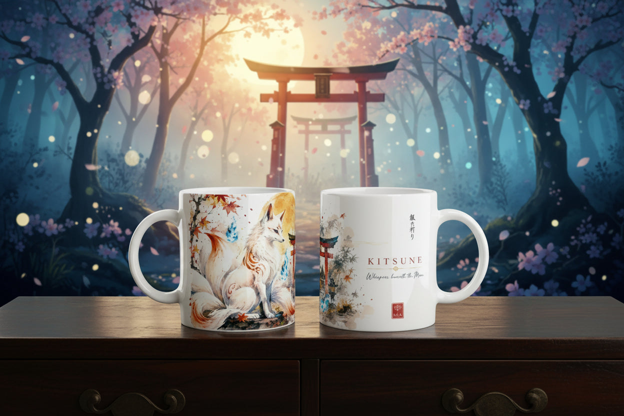 Kitsune Tasse mit japanischem Fuchsgeist im Aquarellstil
