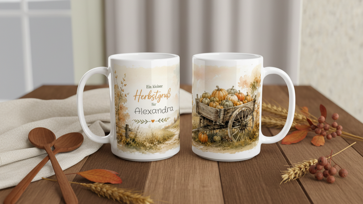 Zwei Ansichten der personalisierten Herbsttasse mit individuellem Wunschtext und herbstlicher Aquarellillustration in warmen natürlichen Farbtönen.