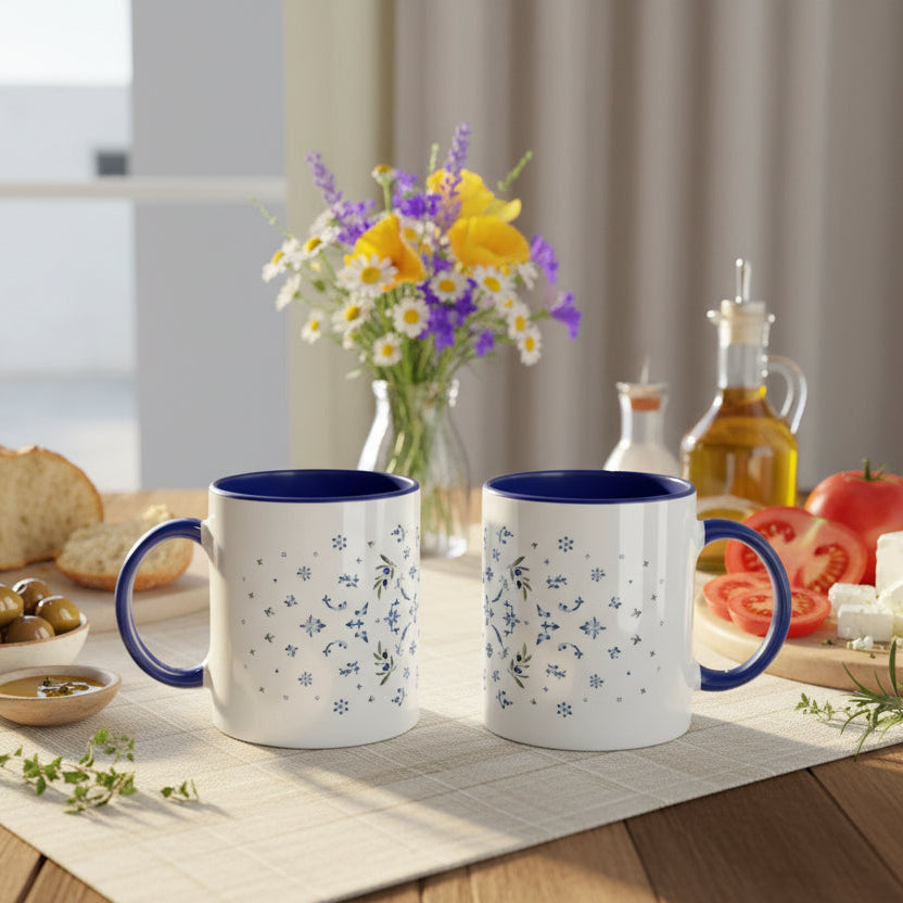 Detailansicht blaues Ornamentdesign mit kleinen Olivenzweigen
