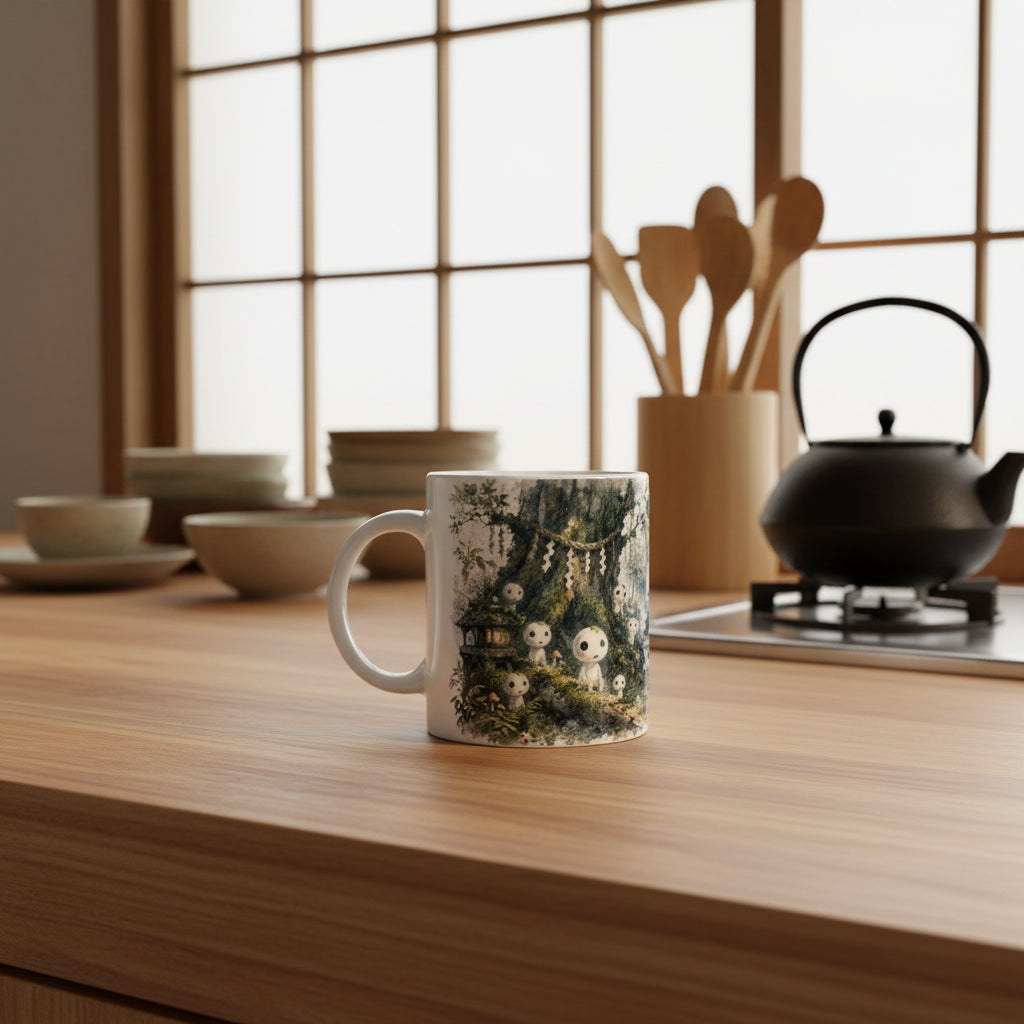 Japanisches Folklore Motiv mit Kodama und Waldschrein