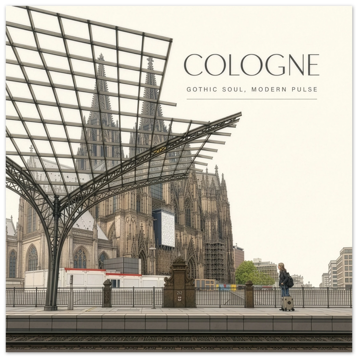 Köln Dom Wandbild mit Blick durch die moderne Stahl- und Glasarchitektur des Kölner Hauptbahnhofs