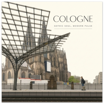 Köln Dom Wandbild mit Blick durch die moderne Stahl- und Glasarchitektur des Kölner Hauptbahnhofs