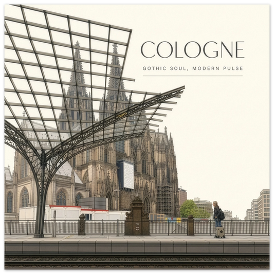 Köln Dom Wandbild mit Blick durch die moderne Stahl- und Glasarchitektur des Kölner Hauptbahnhofs