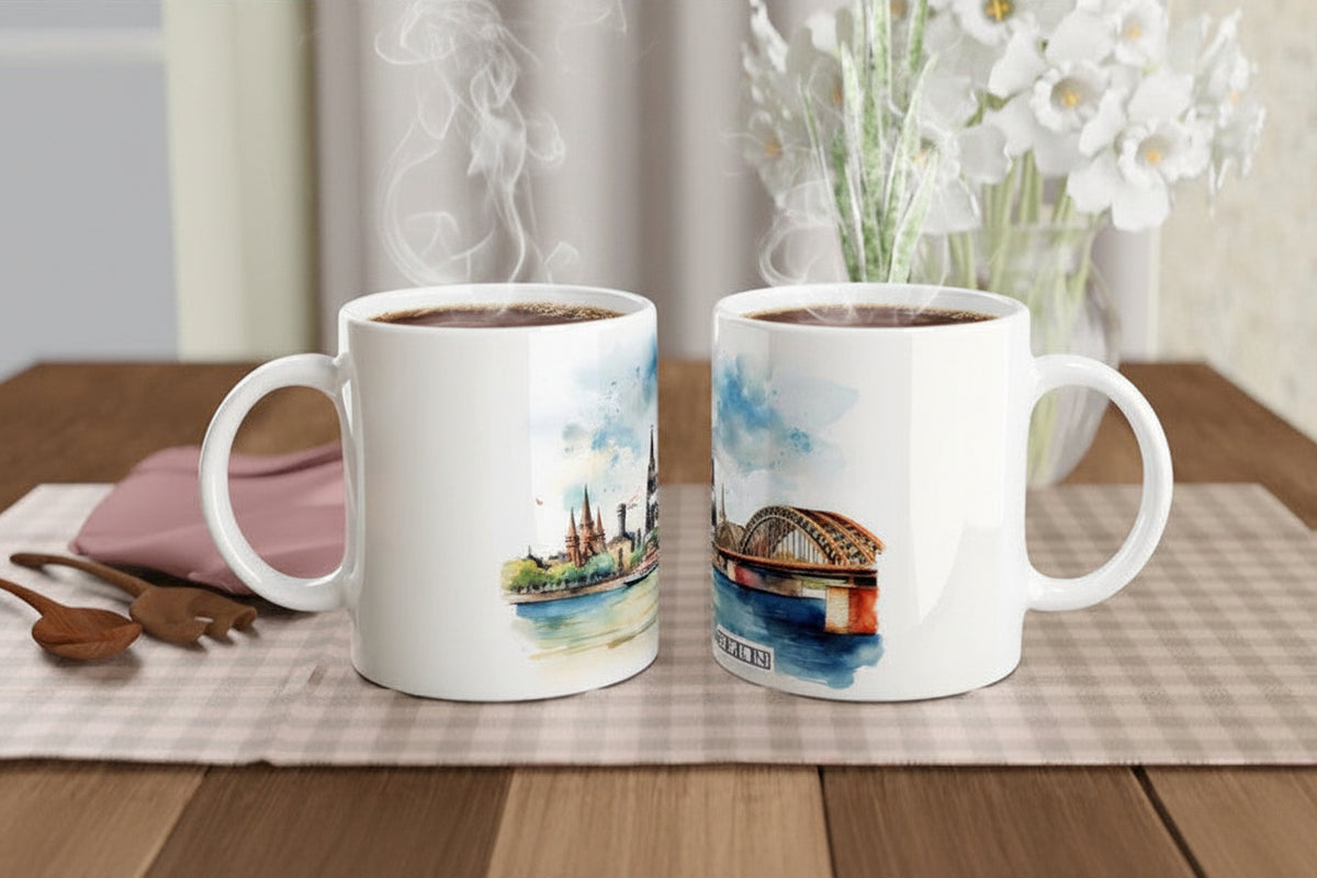 Köln Souvenir Tasse 330 ml mit Dom und Rhein als künstlerische Erinnerung an die Domstadt