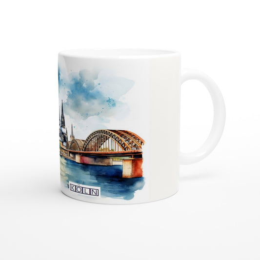 Köln Tasse mit Stadtmotiv aus Dom, Hohenzollernbrücke, Rhein und Schiff in Blau- und Naturtönen