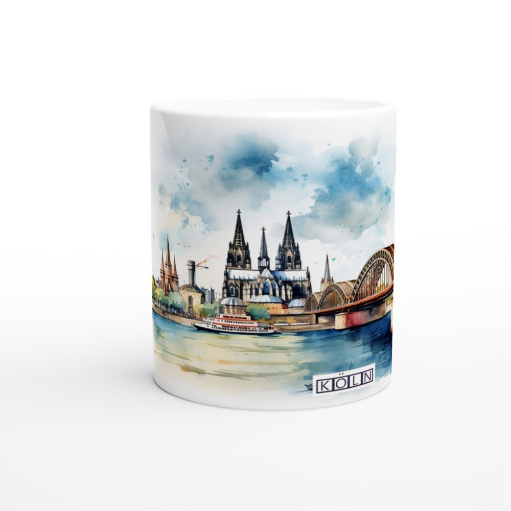 Köln Tasse 330 ml mit Kölner Dom, Hohenzollernbrücke und Rhein im hellen Aquarellstil