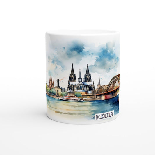 Köln Tasse 330 ml mit Kölner Dom, Hohenzollernbrücke und Rhein im hellen Aquarellstil