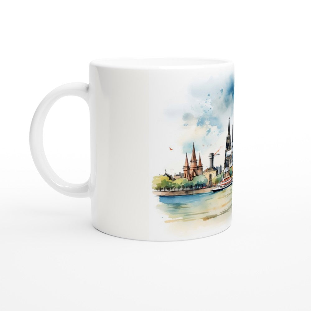 Weiße Keramiktasse mit Kölner Dom als zentralem Wahrzeichen in einer farbigen Aquarellillustration