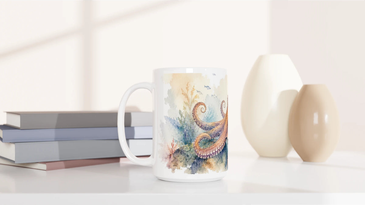 Krake Tasse 440 ml mit warmen Orange- und Rosatönen vor blaugrüner Unterwasserwelt