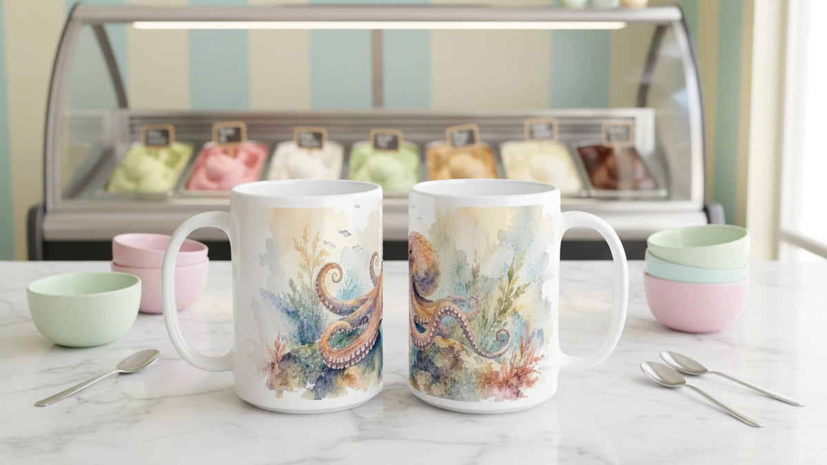 Großer weißer Keramikbecher mit Oktopus, Korallen und kleinen Fischen im Aquarellstil