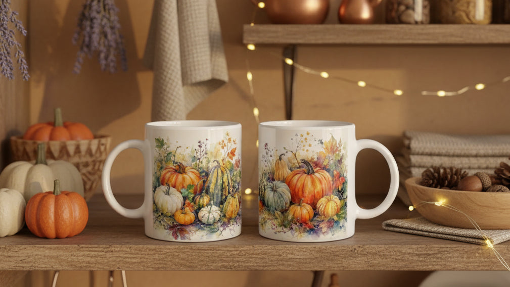 Kürbis Tasse in der grünen Edition mit farblich abgestimmtem Henkel und Innenbereich sowie warmem herbstlichem Gartenmotiv
