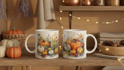 Kürbis Tasse in der grünen Edition mit farblich abgestimmtem Henkel und Innenbereich sowie warmem herbstlichem Gartenmotiv