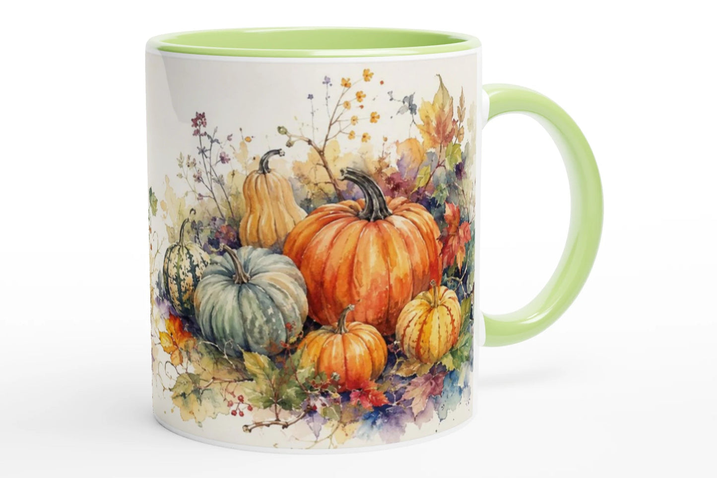 Keramiktasse mit großen orangefarbenen Kürbissen, buntem Herbstlaub und feinen botanischen Details im Aquarellstil