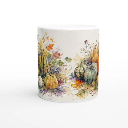 Weiße Kürbis Tasse mit detailreicher Herbsternte, verschiedenen Kürbissorten und transparenten Aquarellfarben
