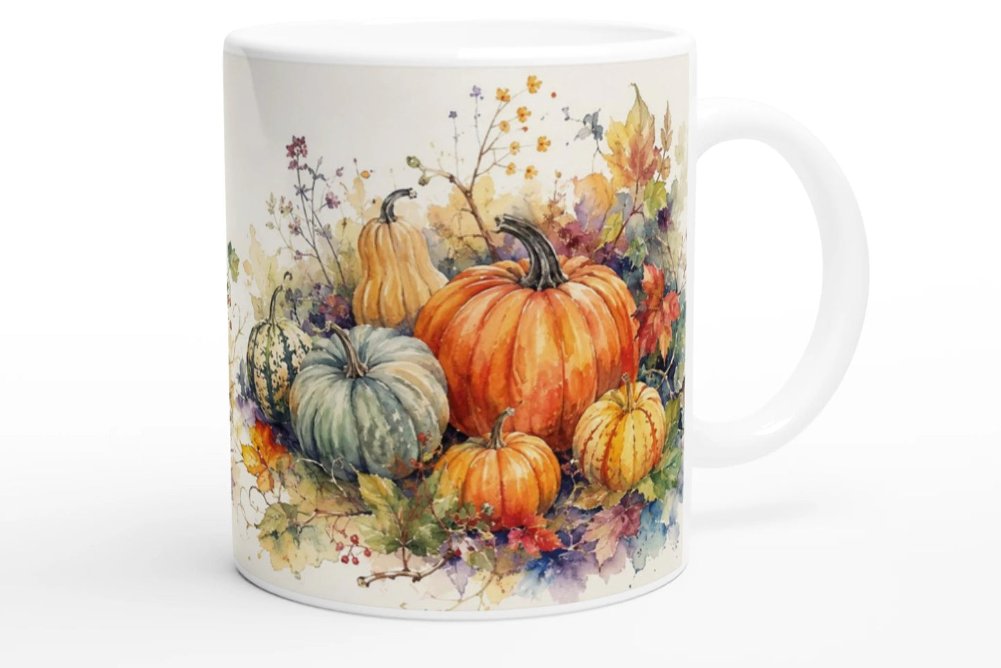 Kürbis Tasse 330 ml mit verschiedenen orangefarbenen, weißen und grünen Kürbissen in einer farbenreichen herbstlichen Aquarellszene