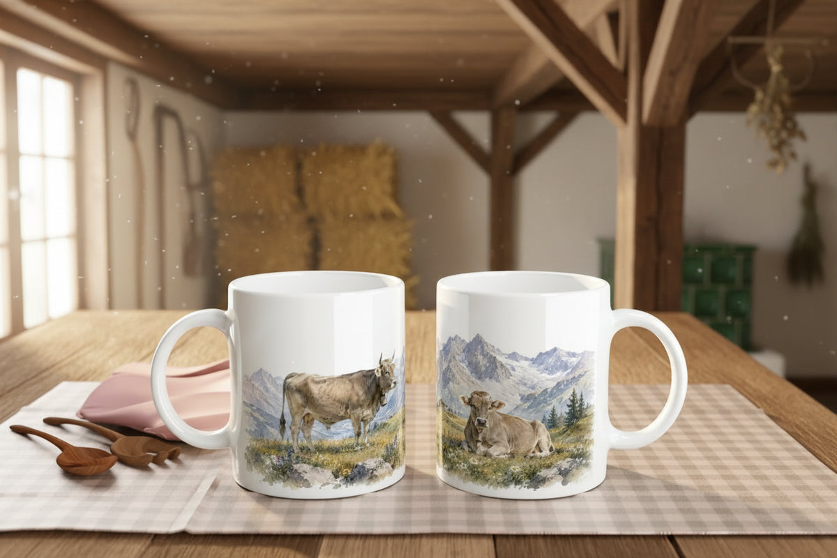 Kuh Tasse mit zwei Braunvieh Kühen auf einer Almwiese mit Wildblumen und Bergpanorama