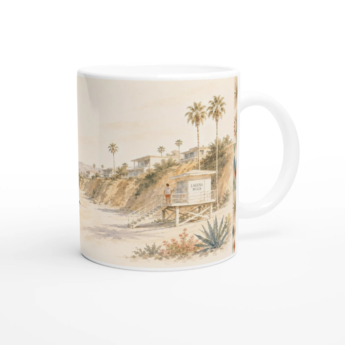 Laguna Beach California Tasse 0,33 l mit sanfter Aquarellillustration von Pazifik, hellem Strand und kalifornischer Küstenlinie sowie dem Schriftzug LAGUNA BEACH California