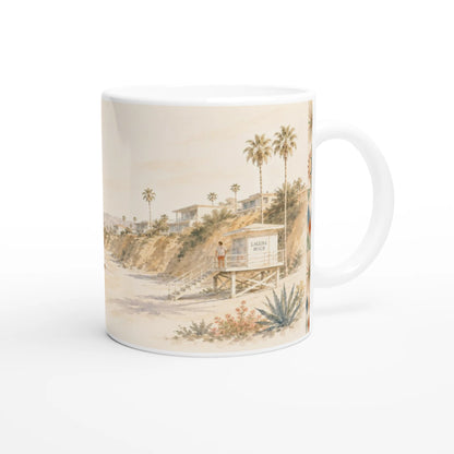 Laguna Beach California Tasse 0,33 l mit sanfter Aquarellillustration von Pazifik, hellem Strand und kalifornischer Küstenlinie sowie dem Schriftzug LAGUNA BEACH California
