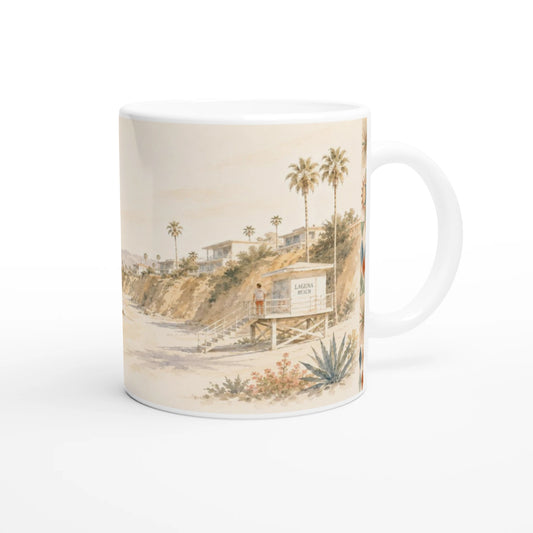 Laguna Beach California Tasse 0,33 l mit sanfter Aquarellillustration von Pazifik, hellem Strand und kalifornischer Küstenlinie sowie dem Schriftzug LAGUNA BEACH California