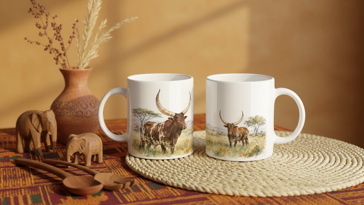 Weiße Tasse mit Ankole Langhornrindern in warmen Braun-, Ocker- und Naturtönen