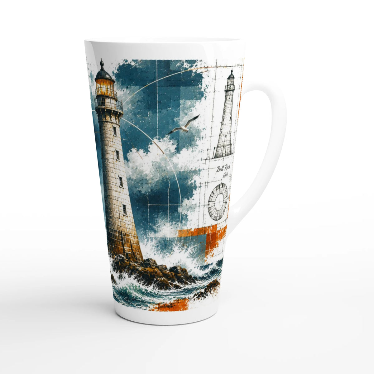 Bell Rock Leuchtturm im Sturm als maritimes Tassenmotiv mit Brandung und rauer Meeresstimmung auf einer großen weißen Keramik-Latte-Tasse mit 440 ml.