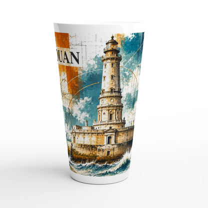 Latte-Tasse mit dem berühmten Phare de Cordouan an der französischen Atlantikküste, einer maritimen Illustration des Leuchtturms an der Gironde-Mündung auf weißer Keramik.