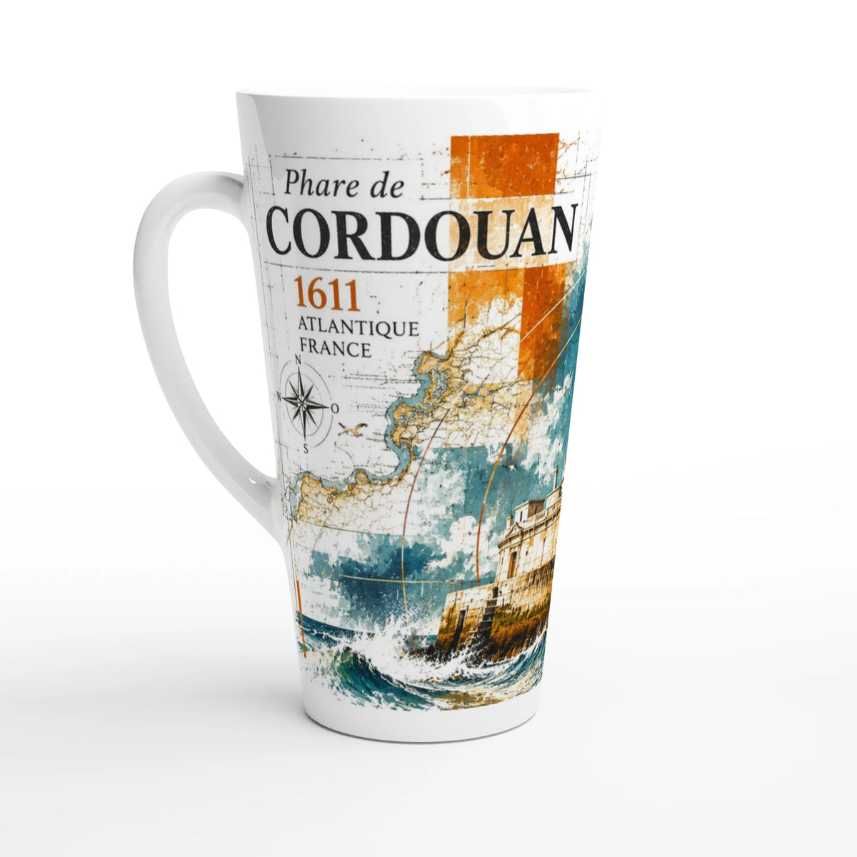 Maritimes Tassendesign mit dem historischen Phare de Cordouan, dem Seezeichen vor der Gironde-Mündung in Frankreich; dekorative Latte-Tasse mit ca. 440 ml Fassungsvermögen.