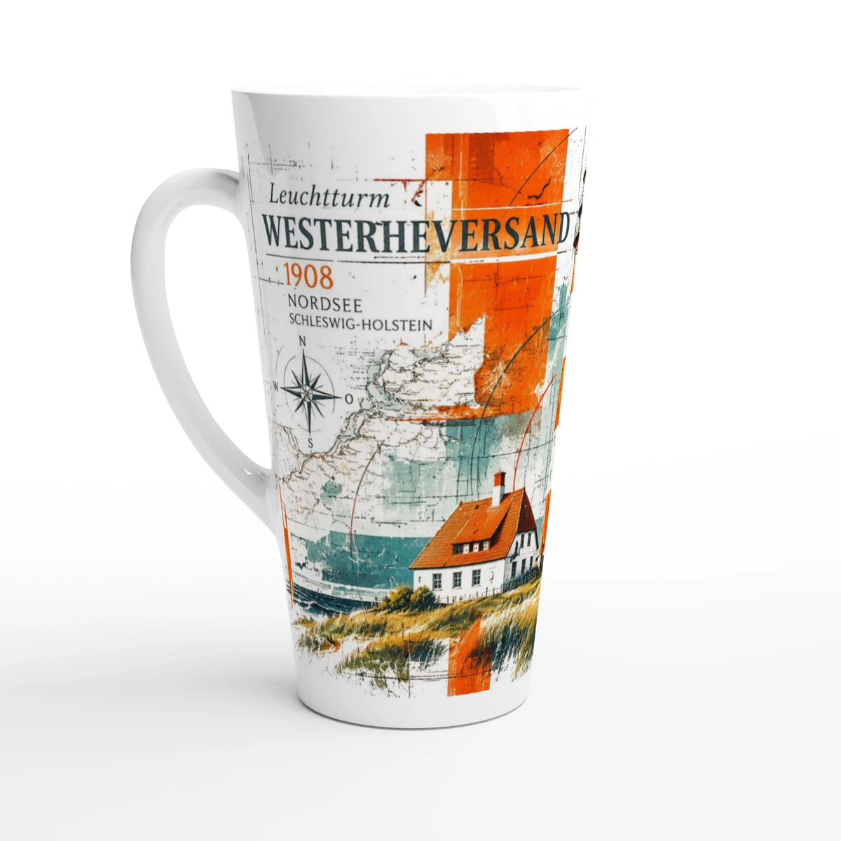 Hohe, konische Westerheversand Latte-Tasse aus glänzend weißer Keramik mit ca. 440 ml Fassungsvermögen und einem Leuchtturmmotiv von der Nordsee.