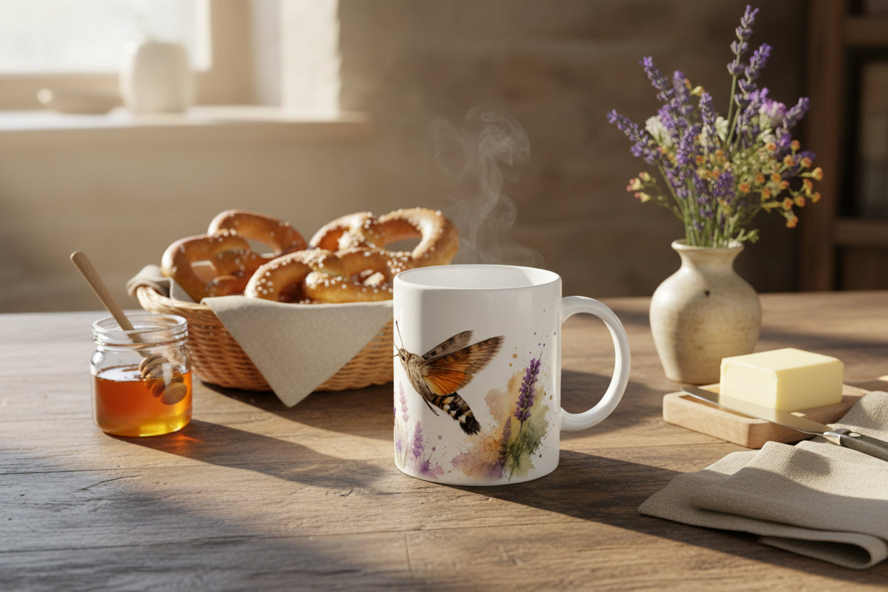 Weiße 330 ml Tasse mit Aquarellmotiv für Gartenfreunde, Naturfreunde und Lavendelliebhaber.
