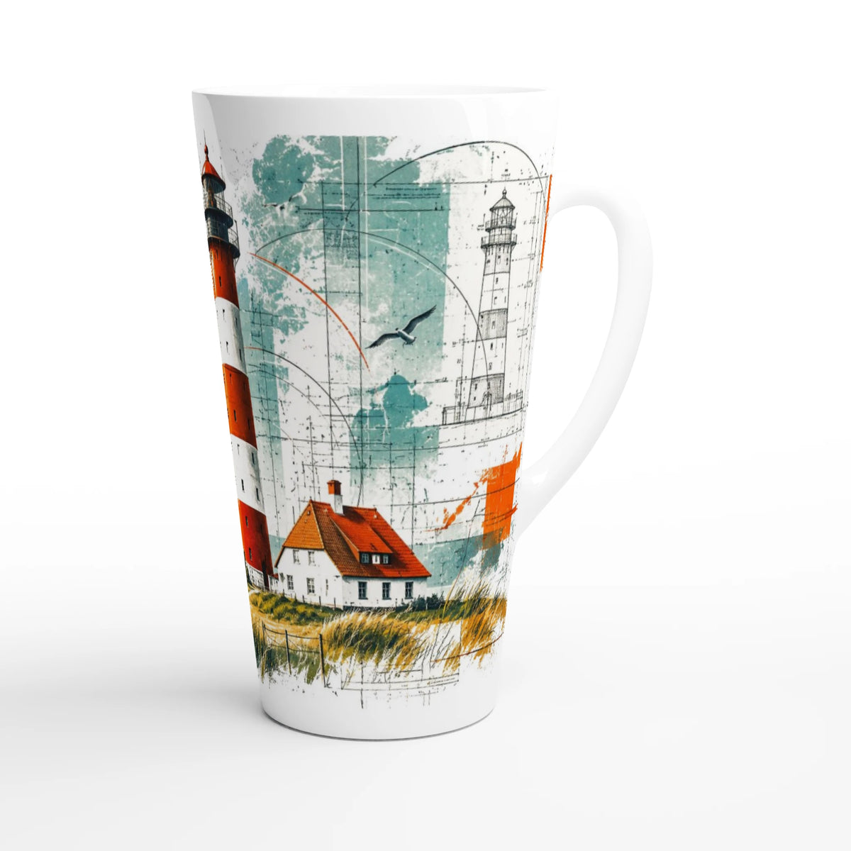 Leuchtturm Westerheversand als maritimes Illustrationsmotiv auf einer weißen Latte-Tasse mit ca. 440 ml; inspiriert von der Landschaft der Halbinsel Eiderstedt.
