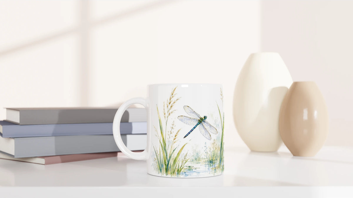 Seitliche Ansicht der Libellen Tasse mit Wasserfläche, Schilf, hohen Gräsern und violetter Wasseriris in transparenten Blau-, Grün- und Violetttönen.
