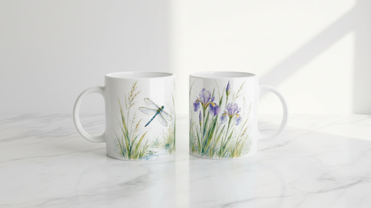 Zwei Ansichten der Libelle Wasseriris Tasse mit schwebender Libelle über Wasser auf einer Seite und violetten Irisblüten auf der gegenüberliegenden Seite.