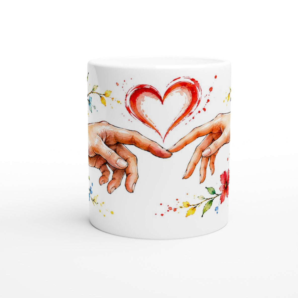 Weiße Keramiktasse mit zwei Händen und rotem Herzen als romantischem Aquarellmotiv. Geschenkidee für einen Lieblingsmenschen.