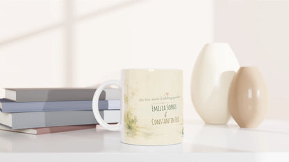 Personalisierte Keramiktasse mit dem Spruch Du bist mein Lieblingsquaken, zwei Namen und liebevoll illustriertem Froschpaar im Aquarellstil.
