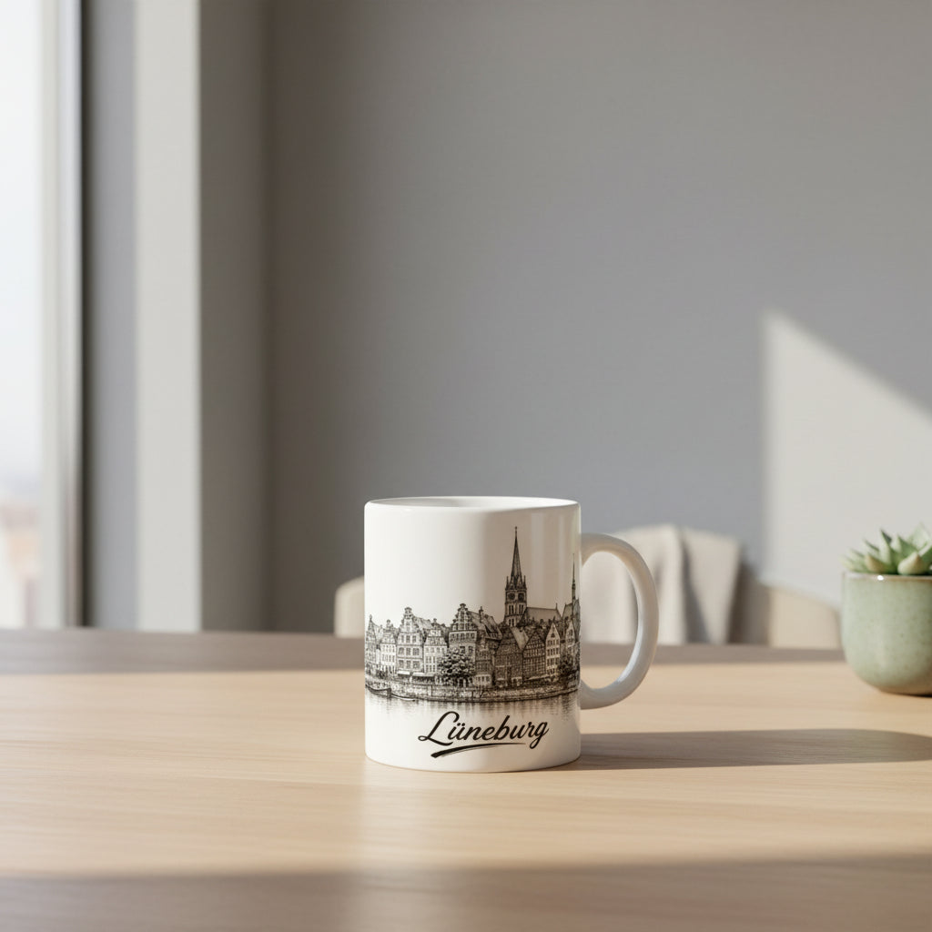Tasse Lüneburg mit detailreicher Altstadtansicht, Wasserlinie und feinen Konturen.