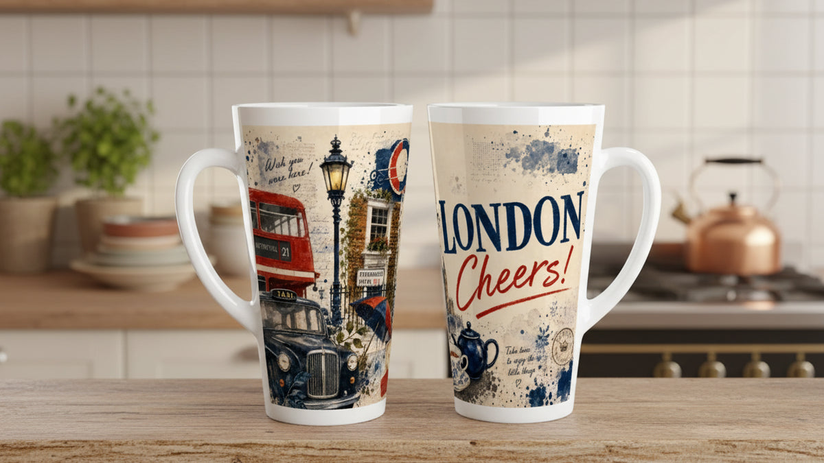 London Cheers Latte Tasse mit großem Schriftzug in Dunkelblau und Rot sowie britischen Stadtmotiven