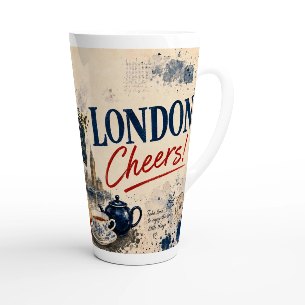 London Latte Tasse 440 ml mit Big Ben, rotem Doppeldeckerbus, schwarzem Taxi und Schriftzug London Cheers