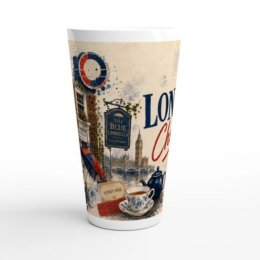 Britische Latte Tasse mit Teekanne, Porzellantasse und London Sehenswürdigkeiten in Retro Collage