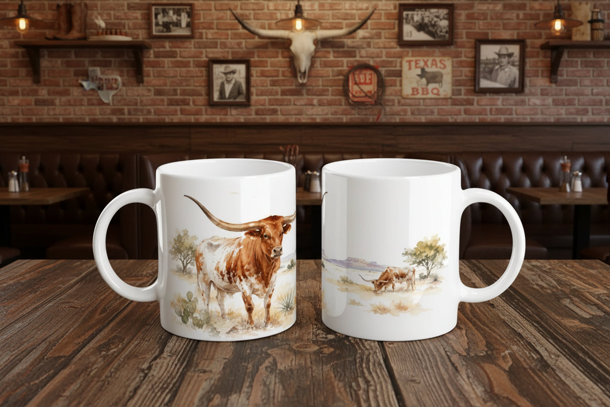 Aquarell Tasse mit Texas Longhorn Rind, Kakteen und trockener Prärie als naturinspiriertes Tiermotiv