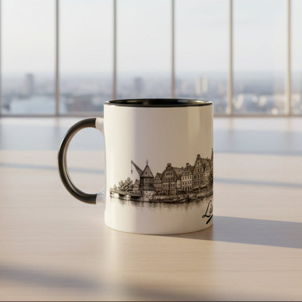 Keramiktasse 330 ml mit Lüneburg Altstadt, Giebelhäusern und Kirchtürmen.